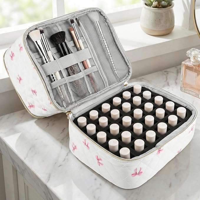 Nail Polish Organizer Aesthetic Nail Organizers and Storage, Bow Nail Supplies Kit Organizer Travel Carrying Case for Manicure Tools (Bow C, 2 Layer)