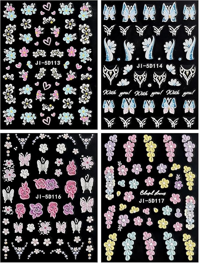 5D Embossed Flower Nail Art Stickers, Flower Nail Decals Nail Art Design Self Adhesive Nail Supplies Colorful Flower Nail Stickers for Women Manicure Decoration 4 Sheets…