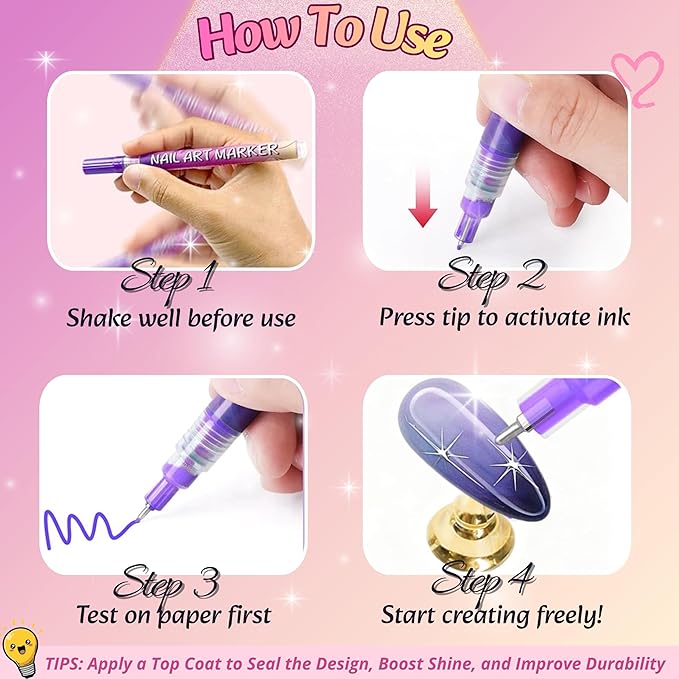 12 Colors 3D Nail Art Pens Set, 0.5mm Fine Tip, Waterproof and Quick-Drying Nail Polish Markers, Nail Painting Kit for DIY Nail Art Design