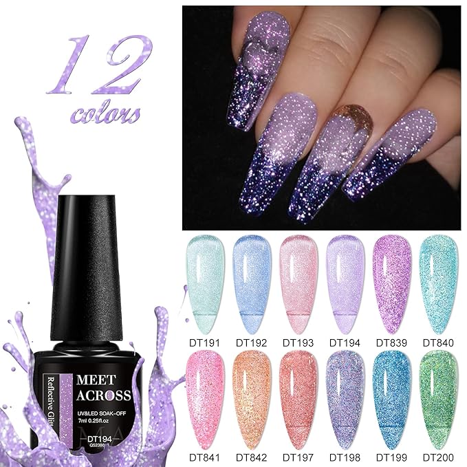 MEET ACROSS Reflective Glitter Gel Nail Polish, Shimmery Gel Polish Set 12 Pcs Sparkly Shiny Gel Soak Off UV LED Nail Art Varnish Manicure Kit DIY at Home
