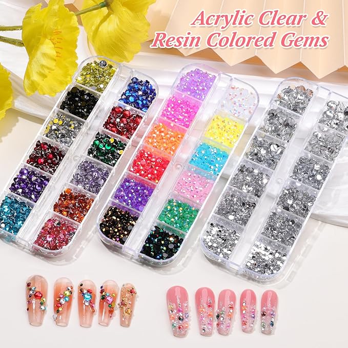15 Boxes Nail Rhinestones Gems Kit,Gold/Silver Metal Studs,Mixed Sizes Flatback Crystals Rhinestones,Half Pearls,Sequins,Foil Flakes with Tweezers & Dotting Tools for DIY Manicure