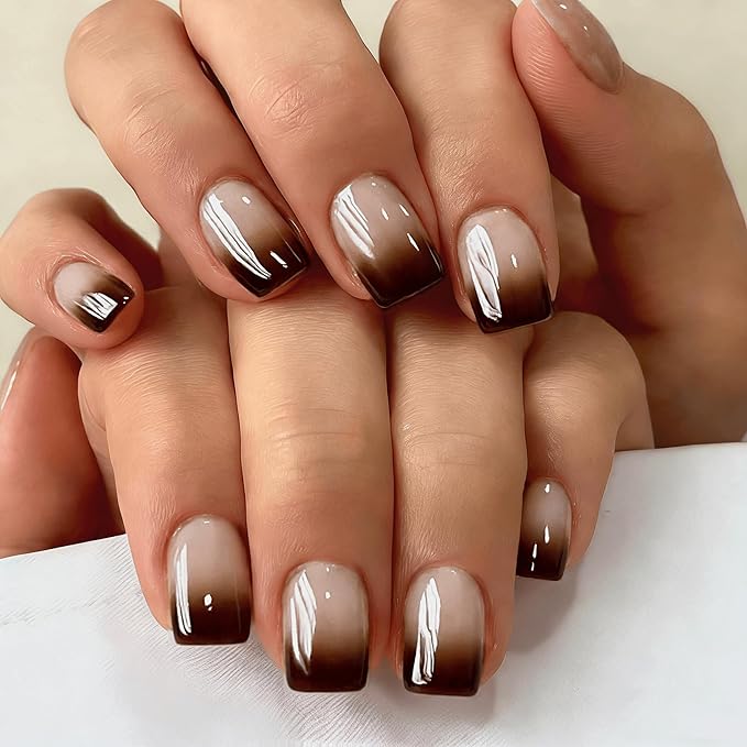 Chrome Ombre Brown Press on Nails Short Square, Glazed Cute Fake Nails with Sparkle Mirror Design, Shiny Glitter Glue on Nails Short, Gradient Nude Gel Nail Press ons with Glue 30 Pcs