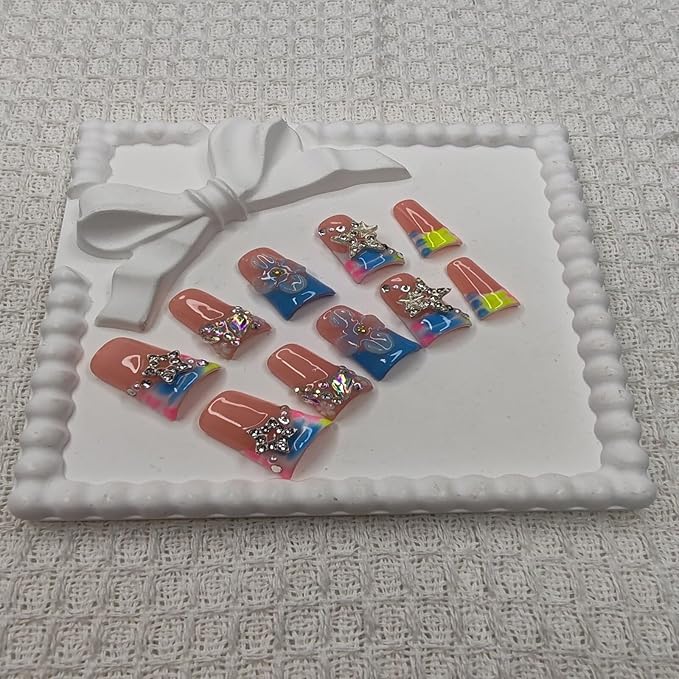 Handmade Nails Duckbill Shape Hand Carved Style Peach Pink Base Floral Pink Blue Yellow Gradient Rhinestone Decor Glossy Surface Fashion Manicure Easy Wear Press on Nails 10 pcs (S)