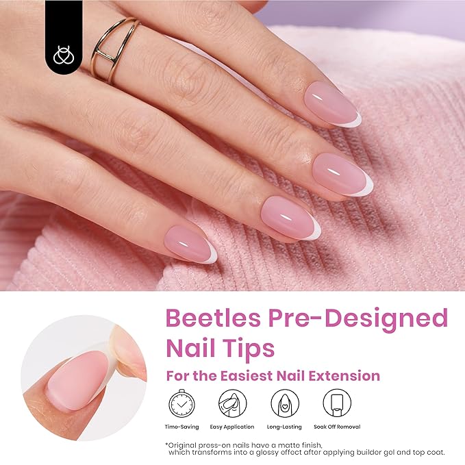 Beetles French Tips Press On Nails: 224 Pcs Pink French Tip Nails Short Almond Fake Nail Tips, Soft Gel Nail False Nails No Need to File DIY Art Design Gifts for Women