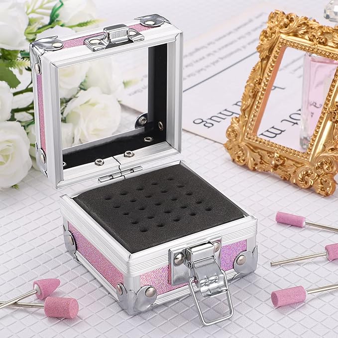 Noverlife Nail Drill Bit Holder Box, Pink 25 Holes Nail Art Polishing Grinding Drill Bit Holder Organizer Container Professional Manicure Tools