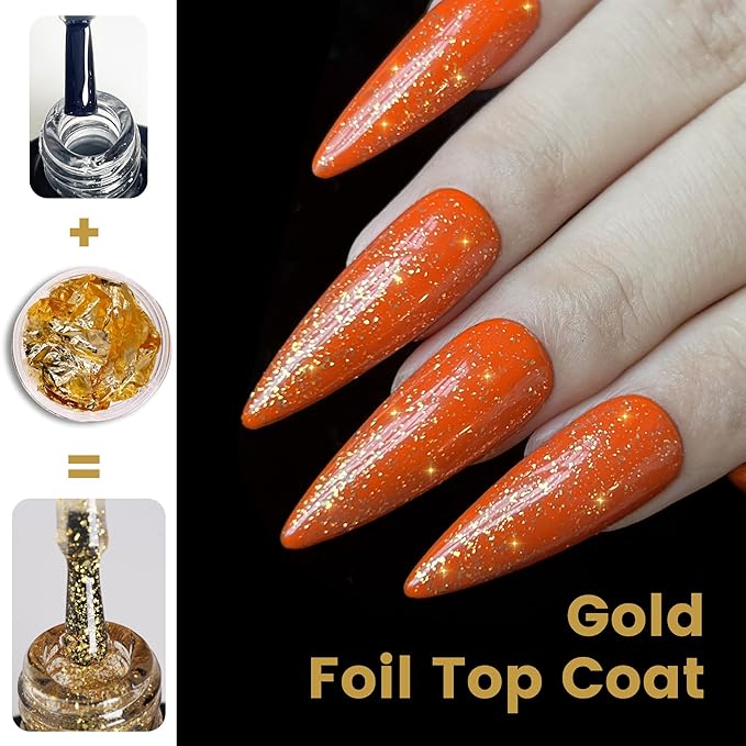 YTD Likomey Gel Polish Polish Gold Foil Top Coat,Glossy No Wipe Long Lasting Shiny Finish Clear Gold Glitter Sparkle,Salon Home DIY UV Manicure Nail Art Varnish UV Nail Gel,15ml 0.5 Fl Oz