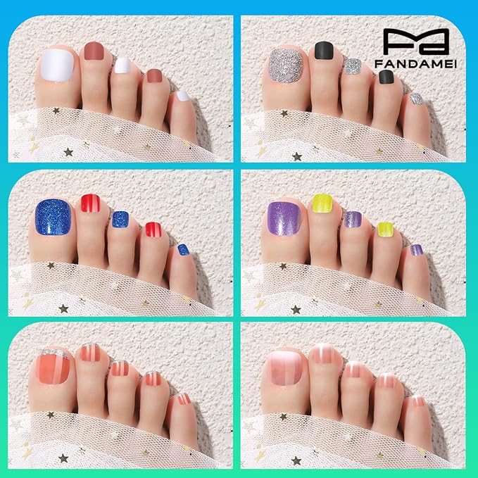 FANDAMEI Press on Toenails, 24 Colors 576PCS Fake Toe Nails Short, French Tip Press ons, Glitter Glossy Matte for Nail Art