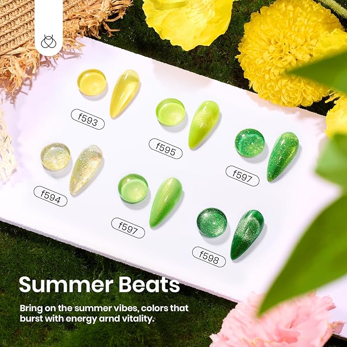 Beetles Green Gel Nail Polish Set - 6 Colors Cat Eye Sparkle Glitter Yellow Flash Lime Starter Kit with Magnet UV LED Needed Spring Summer St Patricks Gifts for Women DIY at Home Salon