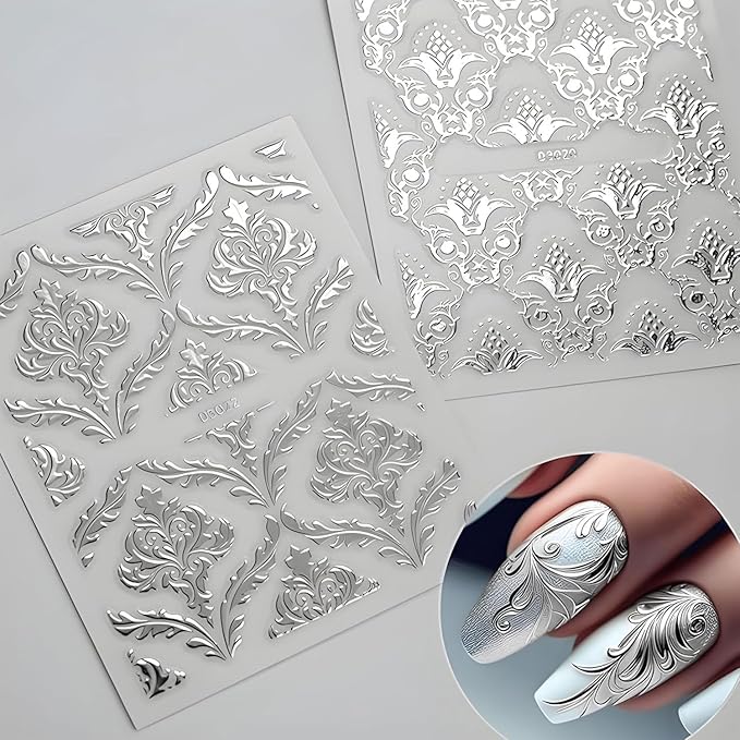 30 Sheets Silvery Stickers 3D Self-Adhesive Lace Nail Decals Retro Flower Designs Nail Supplies Acrylic Nail Decoration DIY Nails Art Accessories for Women