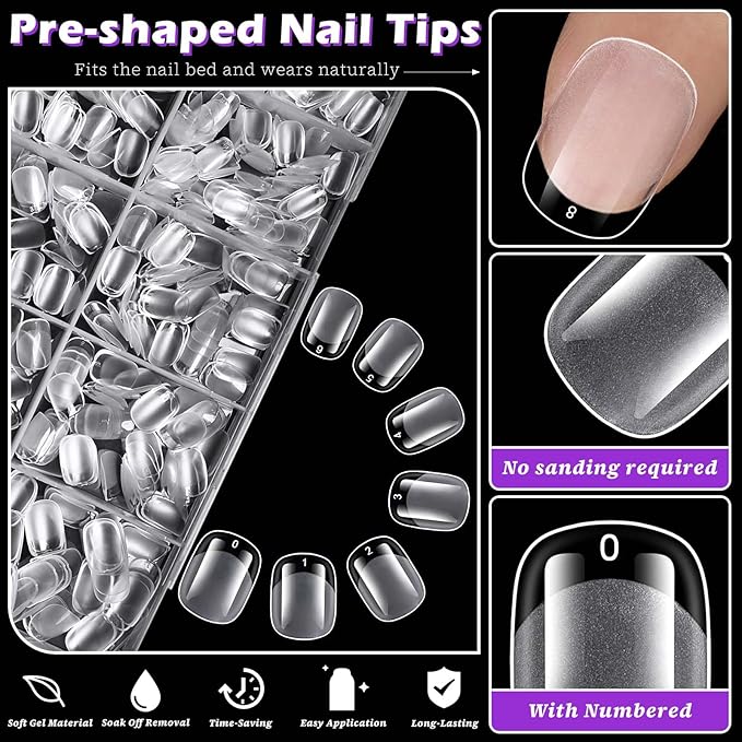 300pc Extra Short Round Square Nail Tips, Soft Gel Nail Tip XS Fake Nails Squoval Artificial Fingernail, 15 Sizes Full Cover Clear Press on Nail Short Square Acrylic Nails Tips for Nail Extension
