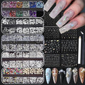 Silver Nail Charms Nail Art Kit with 30 Sheets Silver Nail Stickers, 5 Boxes of Nail Gems Nail Art Tools Nail Rhinestones for Nails, Nail Supplies 3D Nail Charms and Gems Nail Decals Nail Pearls