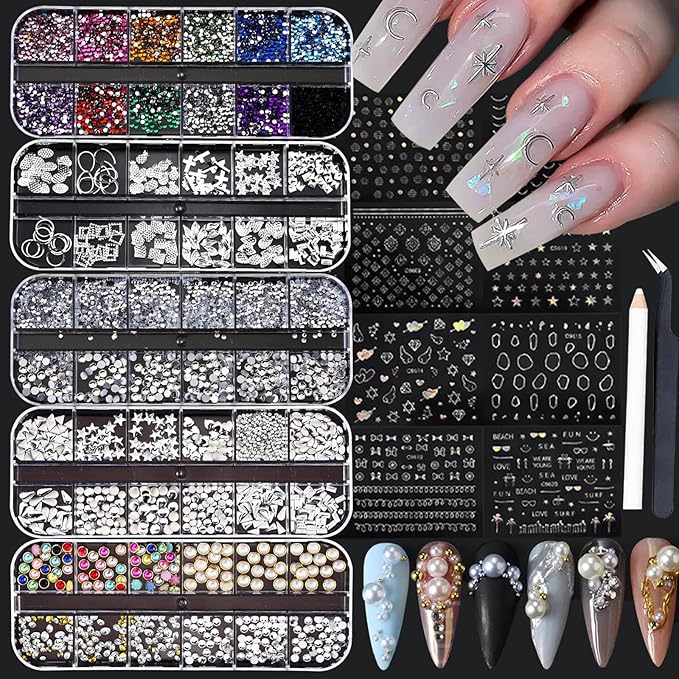 Silver Nail Charms Nail Art Kit with 30 Sheets Silver Nail Stickers, 5 Boxes of Nail Gems Nail Art Tools Nail Rhinestones for Nails, Nail Supplies 3D Nail Charms and Gems Nail Decals Nail Pearls