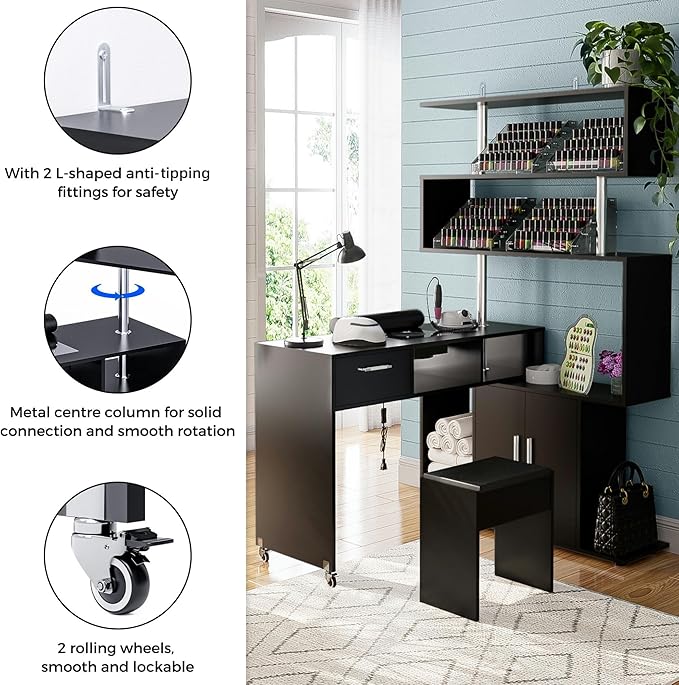 Manicure Table Nail Desk with Stool, Rotating L-Shaped Nail Tech Desk with Dust Collector, Two-Way Drawer, Cabinet & Storage Shelves, Reversible Manicure Workstation on Wheels (Black)