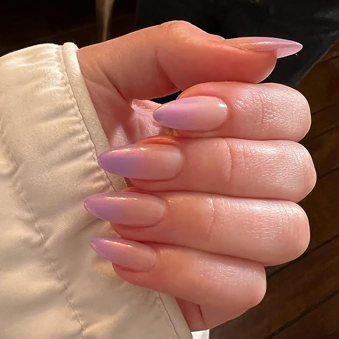 Chrome Press On Nails Almond, Glazed Ombre Purple Glue on Nails Medium Press Ons, Acrylic Natural Fit Stick on Nails in 12 Sizes - 24Pcs Fake Nail Kit for Women Daily & Party Wear