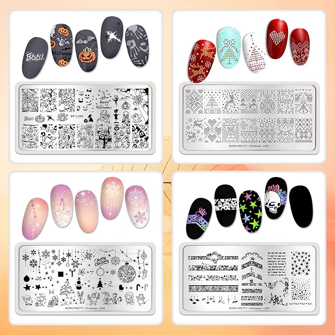 Born Pretty Christmas Nail Stamping Plates 8PCS Nail Art Design Kit Fall Winter Halloween Christmas Tree Patterns Templates with Snowflake Cute Deer Nail Art Image Plates DIY Printing Tools
