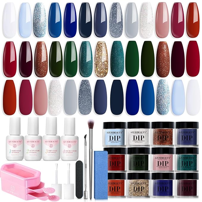 AZUREBEAUTY Dip Powder Nail Kit Starter Summer Blue Red Green Glitter 31 Pcs 20 Colors Dipping Powder Liquid Set with Top/Base Coat Activator for French Nails Art DIY Salon Gift