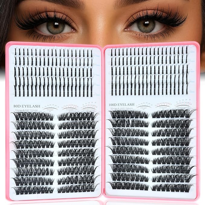 Lash Clusters with Spikes, 80D+100D Left Right Eyelash Clusters Extensions Individual D Curl Fluffy Wispy False Eyelashes DlY Manga Lashes Extension (12-22mm, Left Right Lash Clusters)