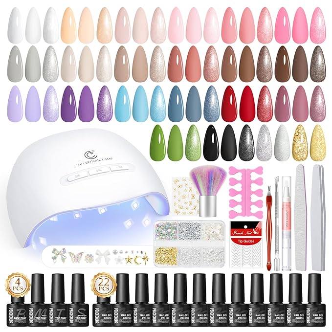 PEACECOLOR Gel Nail Polish Kit with U V Light - 37Pcs Gel Polish Set 22 Colors All Season Gel Nail Starter Kit with Base Matte & Glossy Top Coat Soak Off Nail Polish DIY Manicure Set for Women Girls