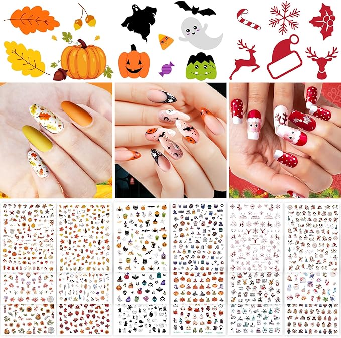 Whaline 18 Sheets Fall Nail Art Stickers Thanksgiving Maple Leaves Pumpkin Nail Stickers Christmas Snowflake Snowman Santa Claus Autumn Self-Adhesive Nail Decals for DIY Manicure Party Decor