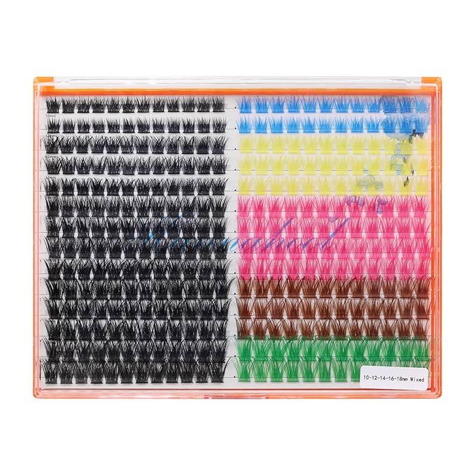 28Rows,wholesale Pack Mixed Black and Colorful Wide Stem Cluster Eyelashes Kit 2 in 1 Bond&Seal+ 1pcs Tweezer Grafting D Curl Individual False Eyelashes Home DIY Eye Lash(Color-C10-12-14-16-18MM MIX)