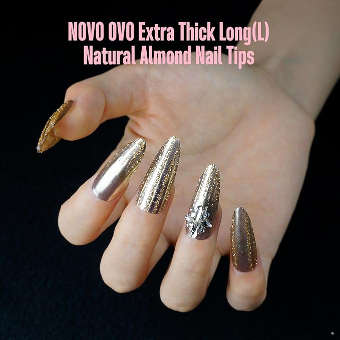 NOVO OVO Long Almond Nail Tips NATURAL (Not SCULPTED) for Flat Nail Beds, Extra Thick L Length False Nails Press on, Full Cover Soft Gel Fake Nail Extension, Salon DIY x 15 Sizes 450 pcs