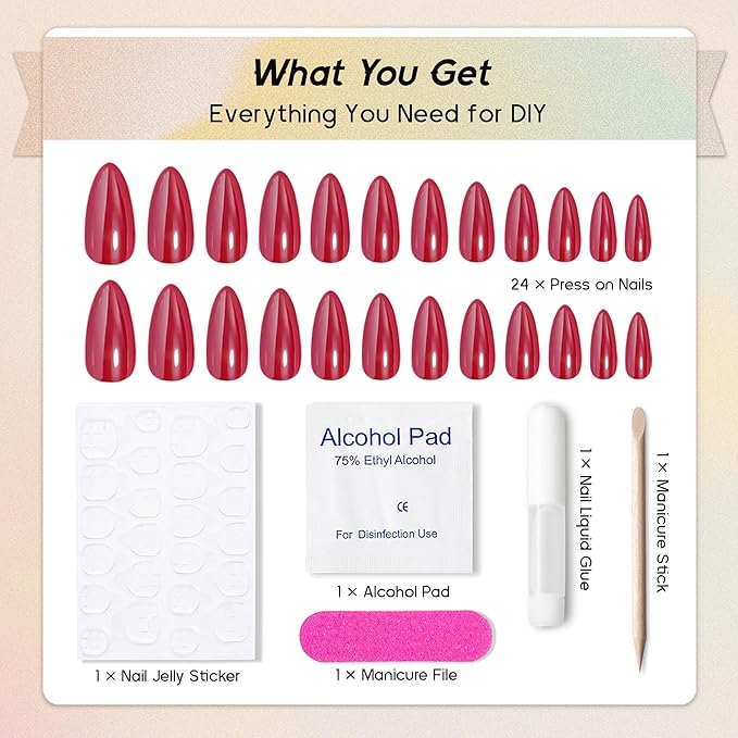 Chrome Press On Nails Almond, Glazed Cherry Red Glue on Nails Medium Press Ons, Acrylic Natural Fit Stick on Nails in 12 Sizes - 24Pcs Fake Nail Kit for Women Daily & Party Wear