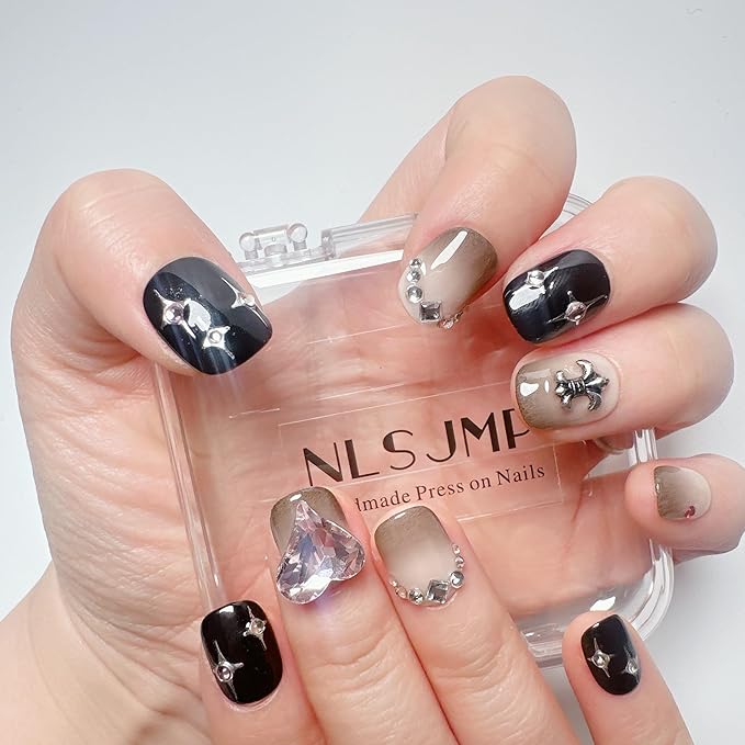 3D handmade Gel nails press on false nails short round black rhinestone bling pearl cute acrylic Reusable fake nails designed kit,10 Nails Size S #960