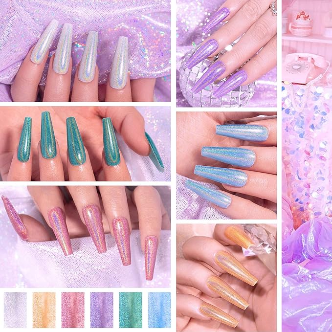 RARJSM Holographic Nail Polish Set, Spring Summer Color Gel Nail Polish Silver Gold Violet Purple Olive Green Blue Rose Gold Gel Polish 6PCS 7.5ML Curing Required Nail Art Manicure Salon