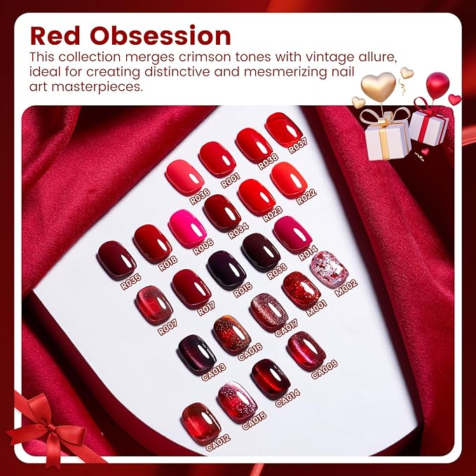 Hema Tpo Free Fall Winter Gel Nail Polish Set - 30Pcs 18ML Red Cat Eye Burgundy Glitter Gel Polish Set with Matte & Glossy Base Top Coat, Primer, Blooming Builder for Women Girls DIY Manicure Gift