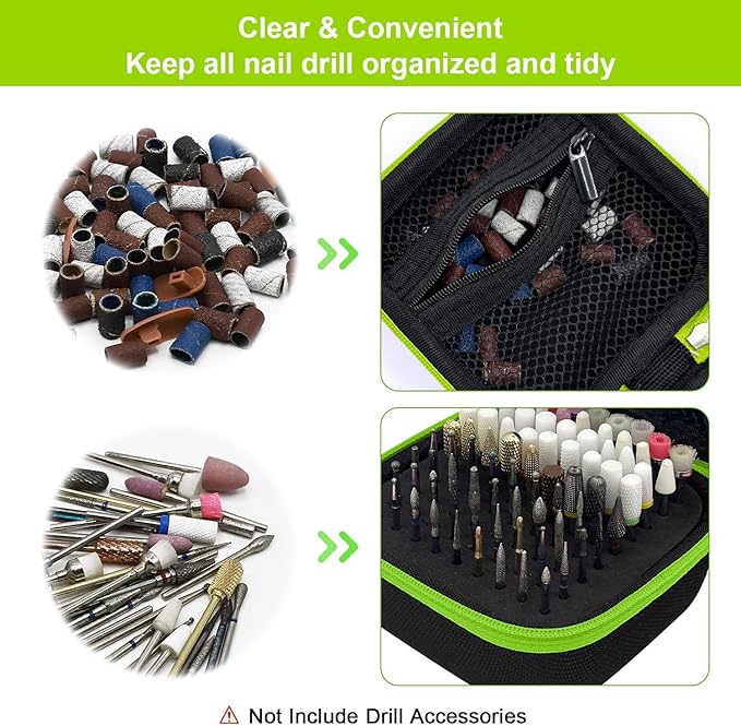 81 Holes Nail Drill Bit Holder, Nail Bits Display Organizer Container, Waterproof Portable Organizer Bag, Efile Nail Bits Professional Nail File Bits Manicure Tools, (Green) (ONLY CASE)