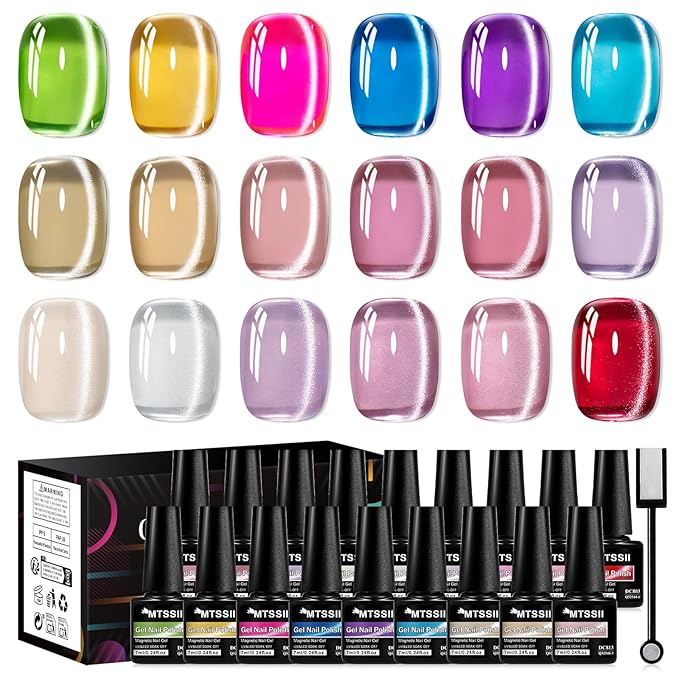 MTSSII Jelly Cat Eye Gel Nail Polish Set 18PCS, Neon Moonlight Glass Crystal Magnetic Gel Polish Pink Purple Red Blue Yellow Colors Nail Polish with Magnet Soak Off UV Art Gift for Women Girls