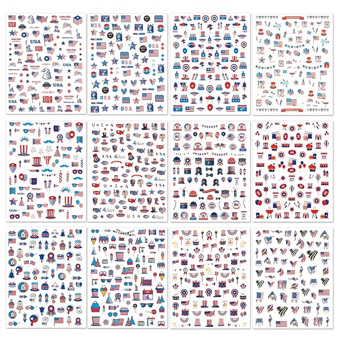 12 Sheets 4th of July Nail Stickers, Independence Day Patriotic Nail Decals, 3D Design Self-Adhesive Memorial Day USA Flag Star Nail Art