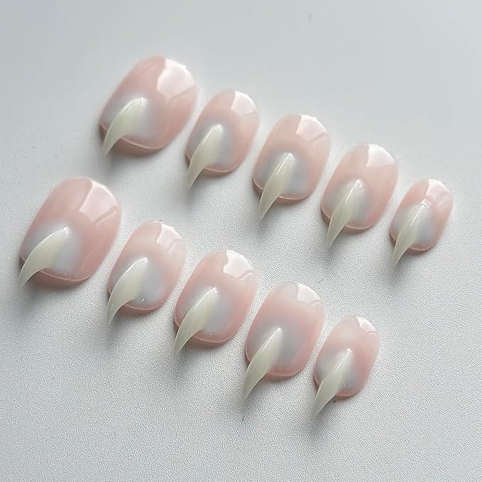 Halloween Press on Nails Luxury Short Stiletto Handmade Cat Claw Unique Reusable ABS Material White Fake Nails Eagle Claw False Nails Glossy Glue on Nail Curved Thick Acrylic Nail(M)