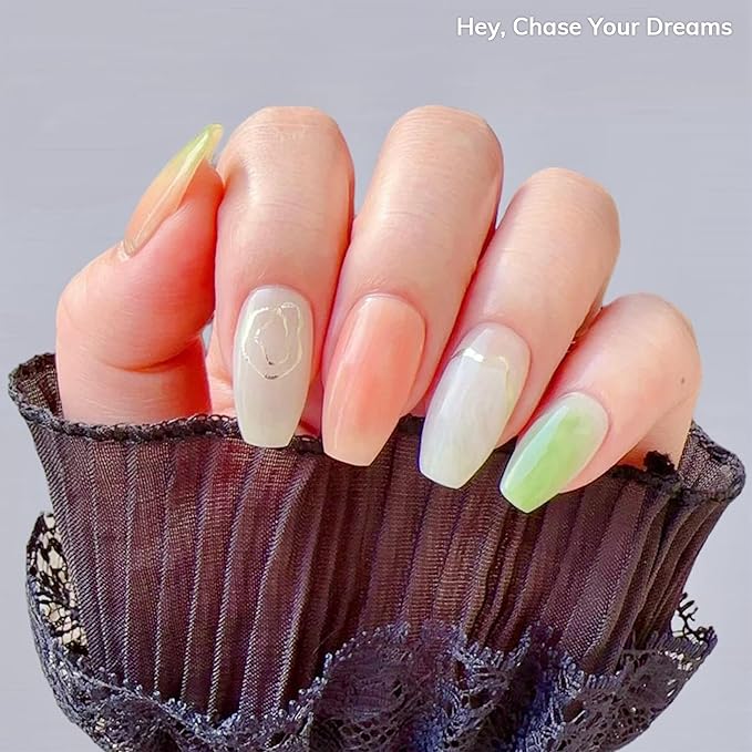 Heyhae Semi Cured Gel Nail Strips | No LED Lamp Needed | Marble, Glitter, Spring | Easy Apply & Remove, Salon Quality |Includes 28 Strips, 1 Prep Pads, Nail File & Wooden stick- Hey, Chase Your Dreams