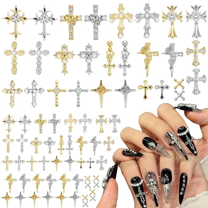 80Pcs Cross Nail Charms Gold Silver Y2k Nail Art Rhinestones Gems Shiny Nail Jewelry Acrylic Accessories for Women DIY Nail Decorations