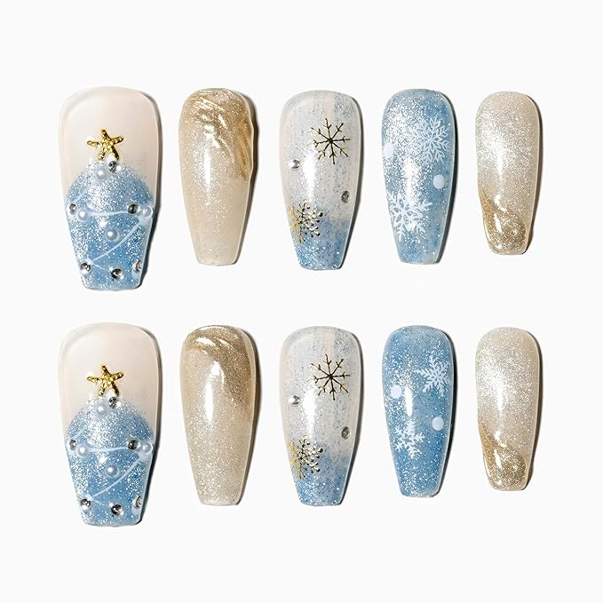 Sun&Beam Nails Handmade Press-on Medium Long Coffin Ballerina Blue White Gold Green Glitter Winter Christmas Design False Nail Tips 10 Pcs (#143 M)