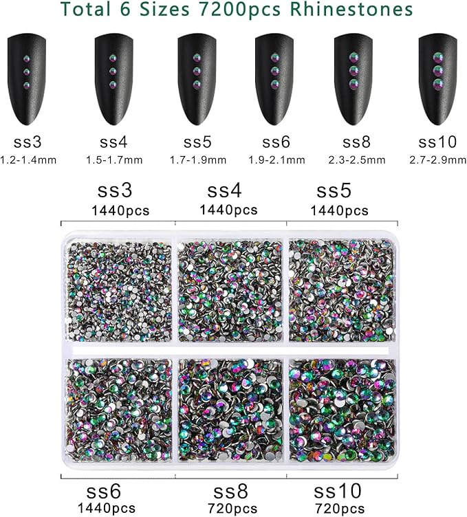 Beadsland 7200pcs Flatback Rhinestones,Green Rhinestone Nail Gems Round Crystal Rhinestones for Crafts,Mixed 6 Sizes with Wax Pencil Kit, SS3-SS10,Green Volcano