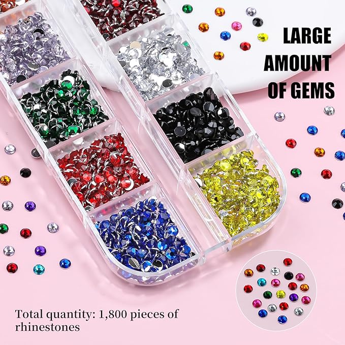 1800Pcs Small Resin Rhinestones for Nail Art, Colorful 3mm Bedazzling Flatback Crystals Nail Gems Nail Rhinestones with Pickup Tools for Manicure Decor Crafts DIY (7-K1-3mm-soild-color)