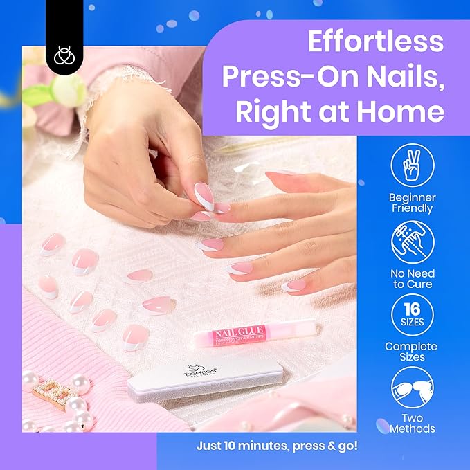 Beetles Short Squoval French Tip Press On Nails, 16 Sizes 64 Pcs Pink Squoval Shape Short Square Press On Nails Fake Nails Extensions Gel Nail Tips Nail Art DIY Manicure Gifts for Women