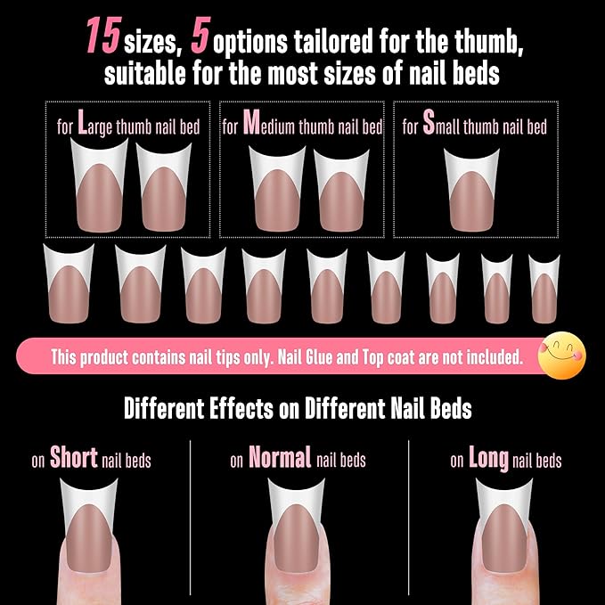 NOVO OVO Halloween Duck Nail White French Tips Press On BROWN PINK with Moon Curve, Medium Extra Thick Full Cover Acrylic,Pre-Etched Wide Soft Gel False Nail Extension for Salon DIY x 15 Sizes 150 pcs