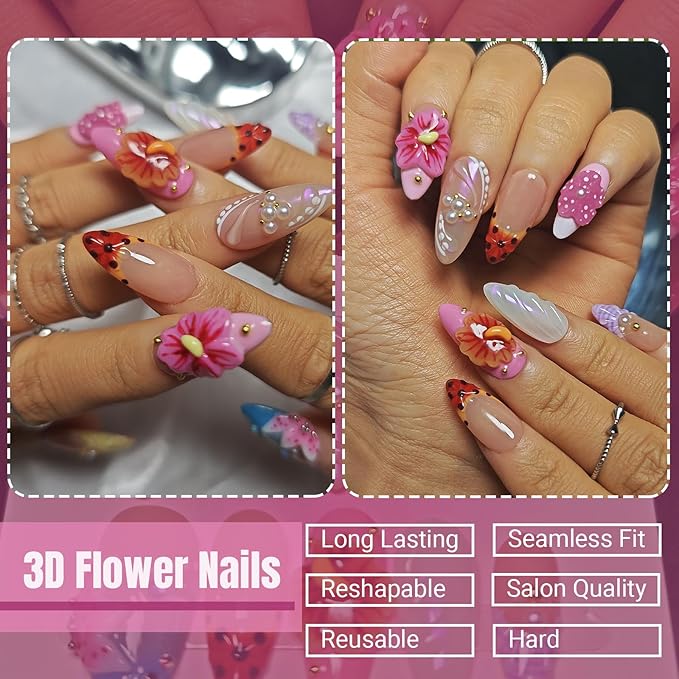 Handmade Acrylic Press On Nails Almond, 3D Press On Nails Medium, Flower 3D Pink Nails French Tip Bubble Preal For Women Gift, Reusable Stick On Fake Nails Kit With Nail Glue (Floral Dreamscape-L)