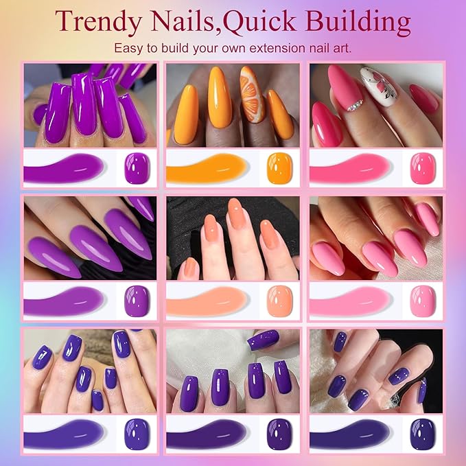 MTSSII 15Pcs Gel Nail Polish Set 6Pcs Gel Polish + 3Pcs Poly Nail Extension Gel Pink Purple with Slip Solution, Dual-Ended Brush for Polygel Nail Art Salon DIY Beginner Kit
