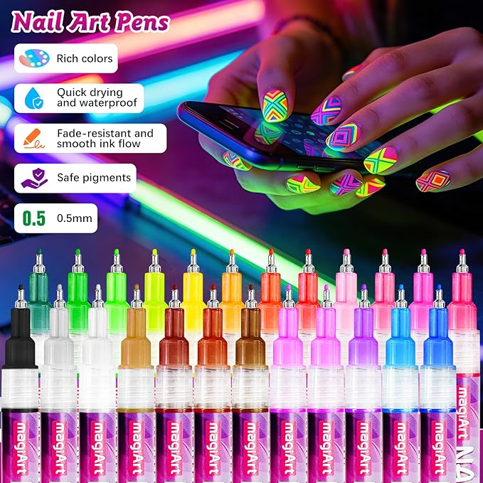 Glow In The Dark Nail Art Pens, 24 Color 0.5 MM Fluorescent Neon Nail Polish Pens Set Drawing Point Painting Liner Painted Pen Kit, Waterproof Nail for DIY Design Manicure Tools