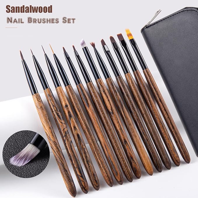 Nail Art Brushes Set, 12 Peices Professional High-end Sandalwood Nail Art Design Pen Painting Tools with Leather Pouch, Nail Art Liner Brush and Nail Dotting Pen for Gel Polish Manicure Salon DIY at Home (Black)