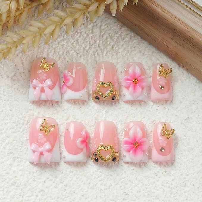 10Pcs Pink Press on Nails Short Handmade Duck Fake Nails with 3D Flower and Charms Designs French Tip Nails Press Ons Sparkly Full Cover Artificial False Nails for Women Manicure (Size M)