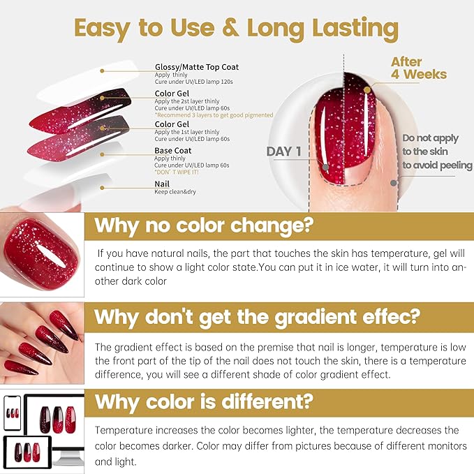 YTD Likomey Color Changing Gel Nail Polish,15ml Red To Dark Cherry Red Glitter Mood Temperature Change Colors Fall Winter Thermal Ombre Manicure Shimmer UV Varnish,HEMA Free TPO Free,WB504