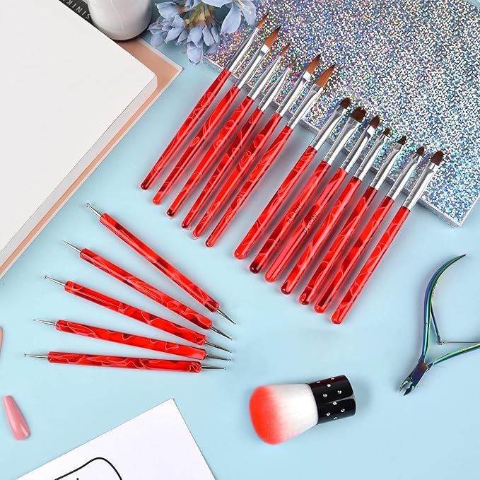 TOROKOM 19Pcs Nail Art Brush Set - Acrylic & Gel Application Kit with Dust Brush for Home Salon - Beginner Friendly (Red)