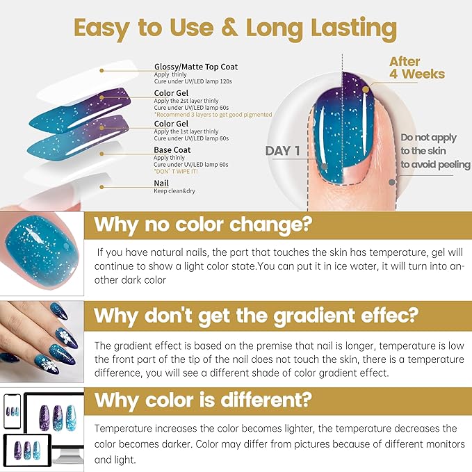 YTD Likomey Color Changing Gel Nail Polish,15ml Turquoise To Deep Blue Chunky Glitter Mood Temperature Change Colors Thermal Ombre Salon Home Fall Winter Manicure UV Nails Varnish,WB03