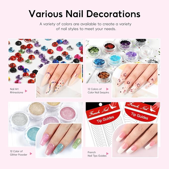 58PCS Acrylic Nail Kit for Beginners with Everything, 3 Colors Professional Acrylics Powder with Drill and U V Light 24pcs Glitter Decoration Complete Acrylic Nail Set Home Salon Design Gift Set