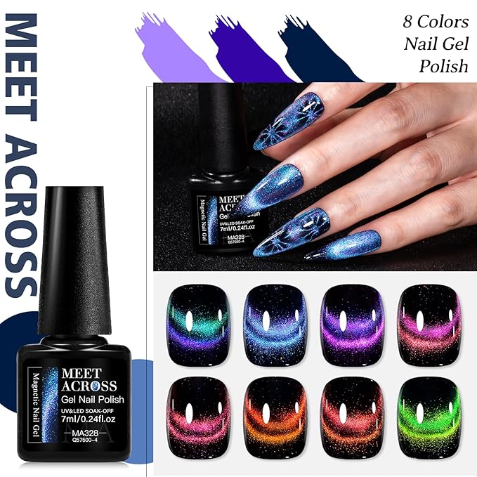 MEET ACROSS 9Pcs Cat Eye Gel Nail Polish Set Red Blue Purple Blue Magnetic Gel Polish Kit with Magnet, Soak Off UV Cateye Nail Polish DIY Manicure Kit 8 Colors